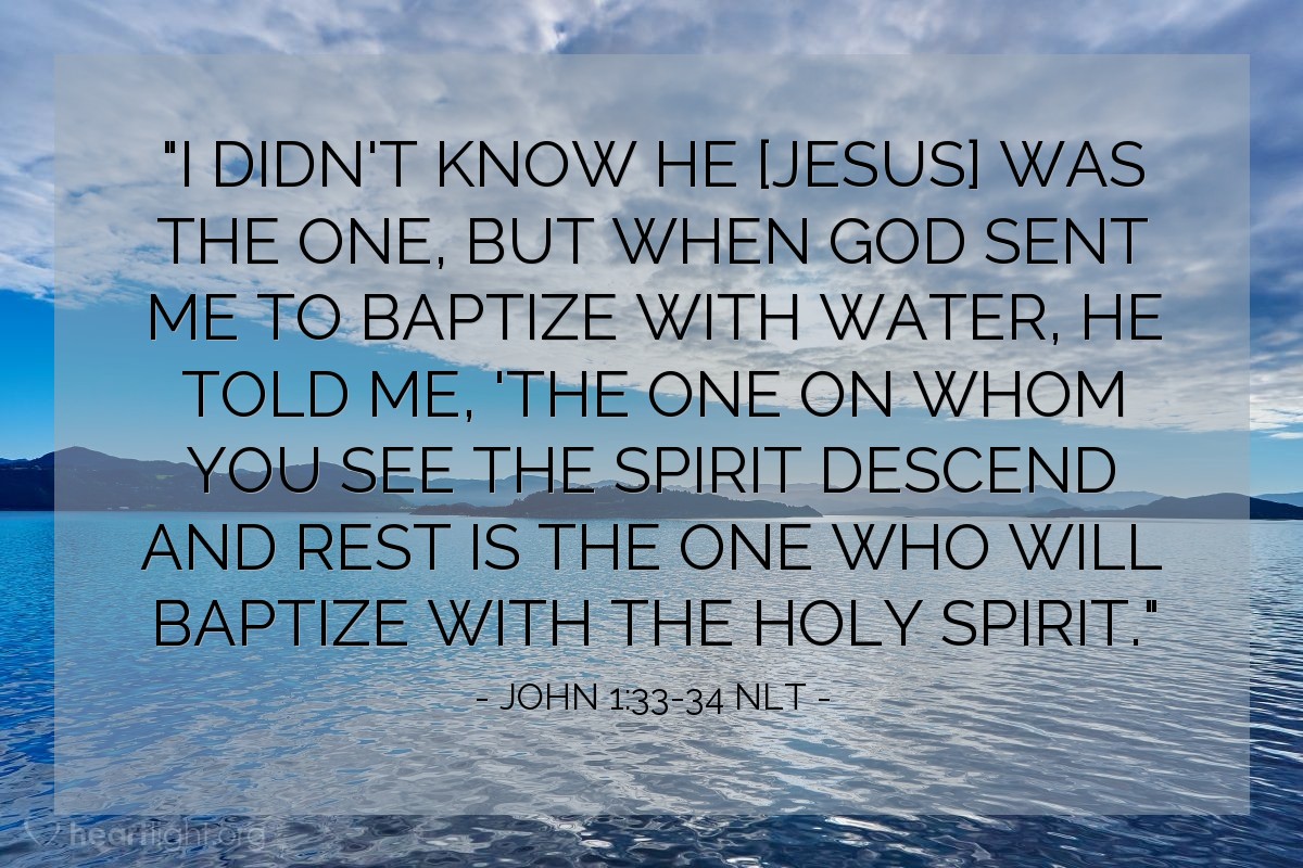 Illustration of John 1:33-34 NLT — "I didn't know [Jesus] was the one, but when God sent me to baptize with water, he told me, 'The one on whom you see the Spirit descend and rest is the one who will baptize with the Holy Spirit."