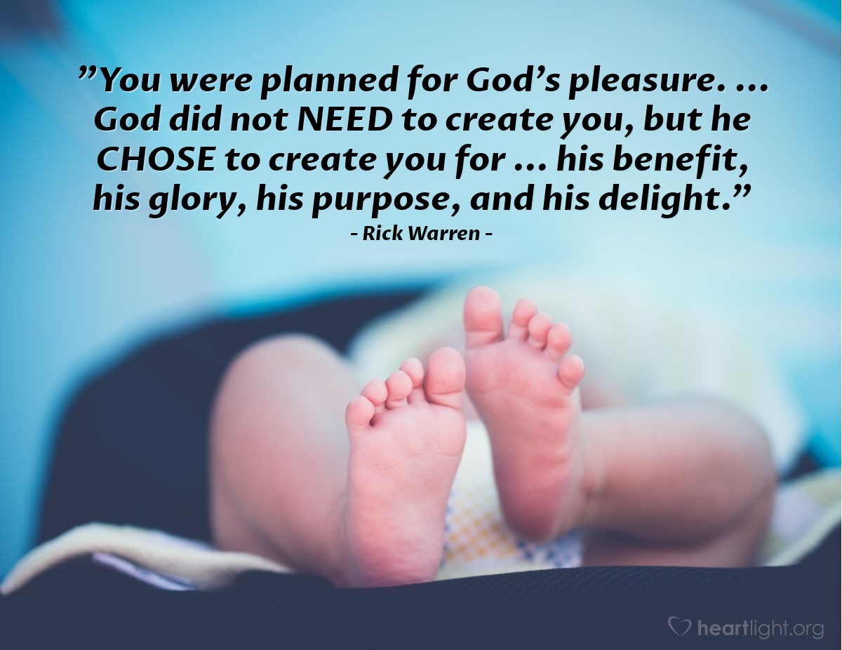 Illustration of Rick Warren — "You were planned for God's pleasure. ... God did not NEED to create you, but he CHOSE to create you for ... his benefit, his glory, his purpose, and his delight."