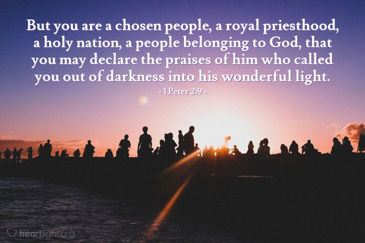 1 Peter 2:9 | But you are a chosen people, a royal priesthood, a holy nation, a people belonging to God, that you may declare the praises of him who called you out of darkness into his wonderful light.