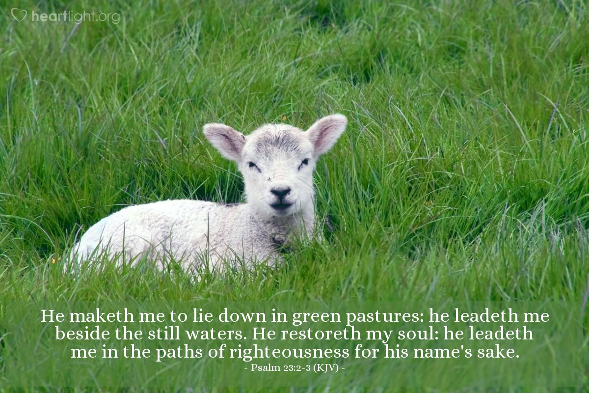 Illustration of Psalm 23:2-3 (KJV) — He maketh me to lie down in green pastures: he leadeth me beside the still waters. He restoreth my soul: he leadeth me in the paths of righteousness for his name's sake.