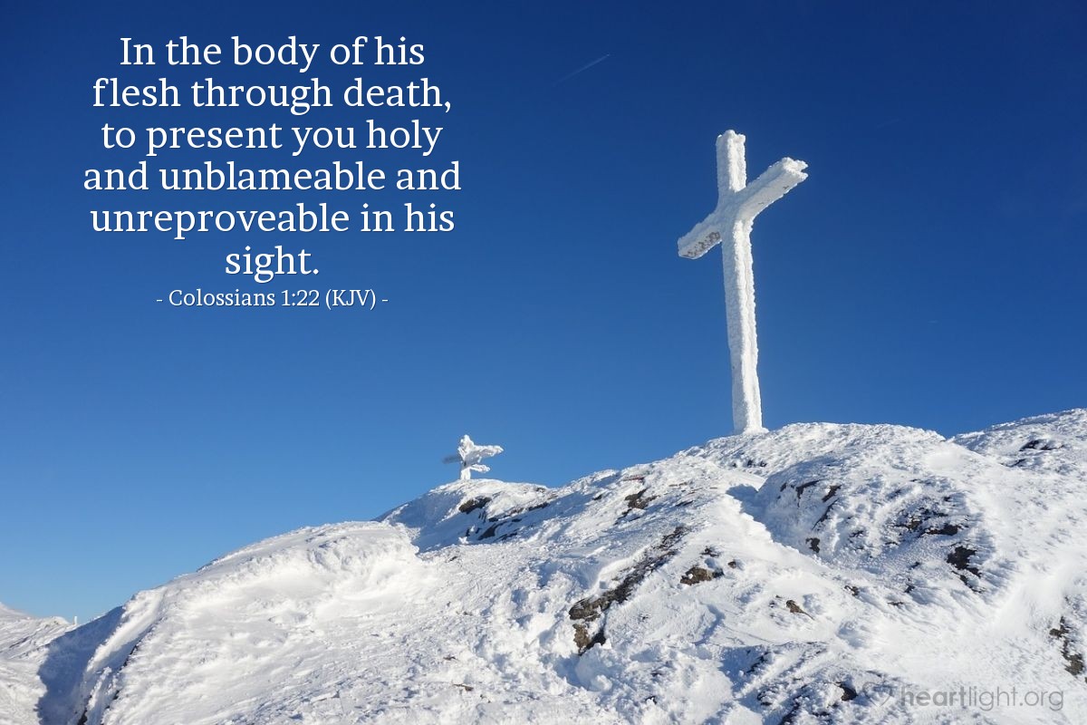 Illustration of Colossians 1:22 (KJV) — In the body of his flesh through death, to present you holy and unblameable and unreproveable in his sight.
