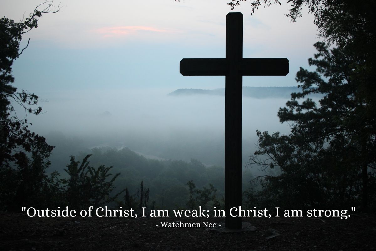 Illustration of Watchmen Nee — "Outside of Christ, I am weak; in Christ, I am strong."
