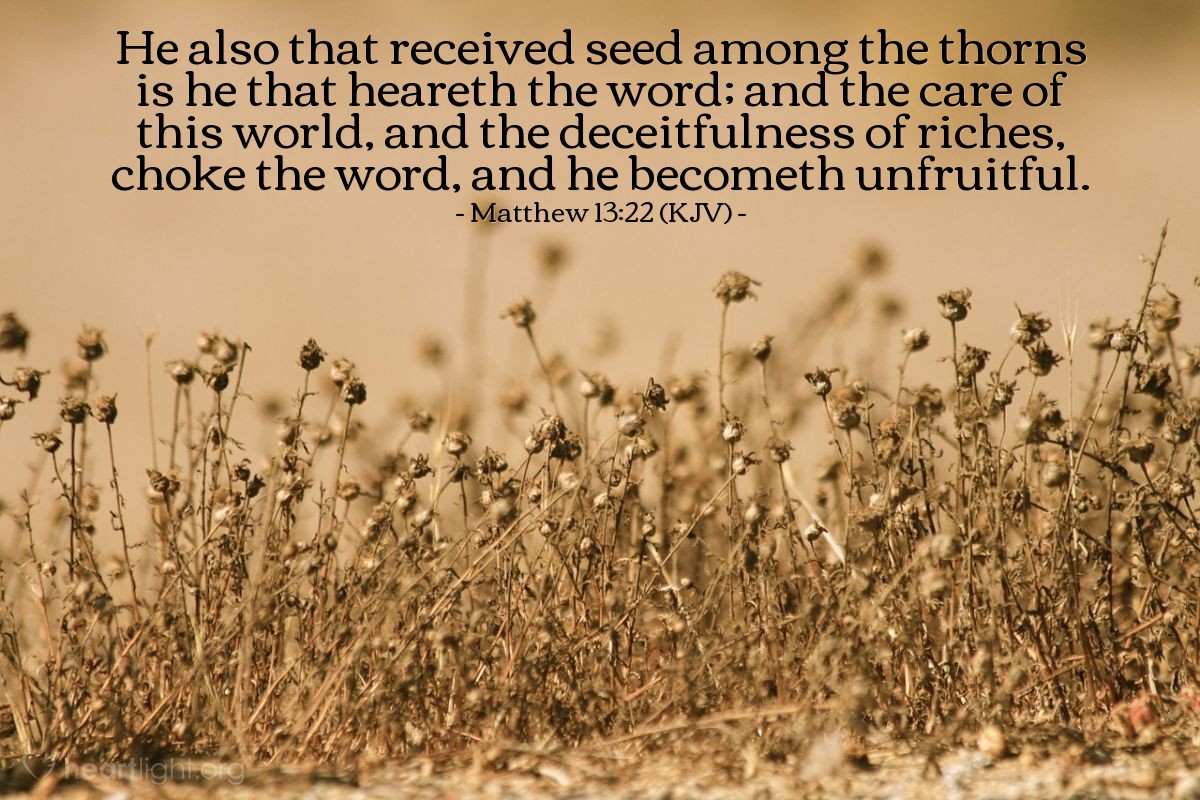 Illustration of Matthew 13:22 (KJV) — He also that received seed among the thorns is he that heareth the word; and the care of this world, and the deceitfulness of riches, choke the word, and he becometh unfruitful.