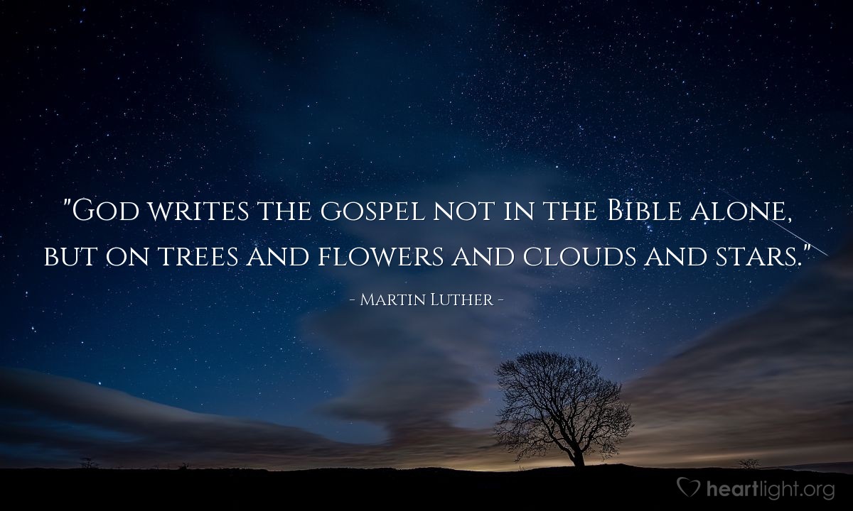 Illustration of Martin Luther — "God writes the gospel not in the Bible alone, but on trees and flowers and clouds and stars."