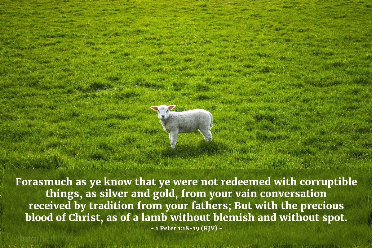 Illustration of 1 Peter 1:18-19 (KJV) — Forasmuch as ye know that ye were not redeemed with corruptible things, as silver and gold, from your vain conversation received by tradition from your fathers; But with the precious blood of Christ, as of a lamb without blemish and without spot.