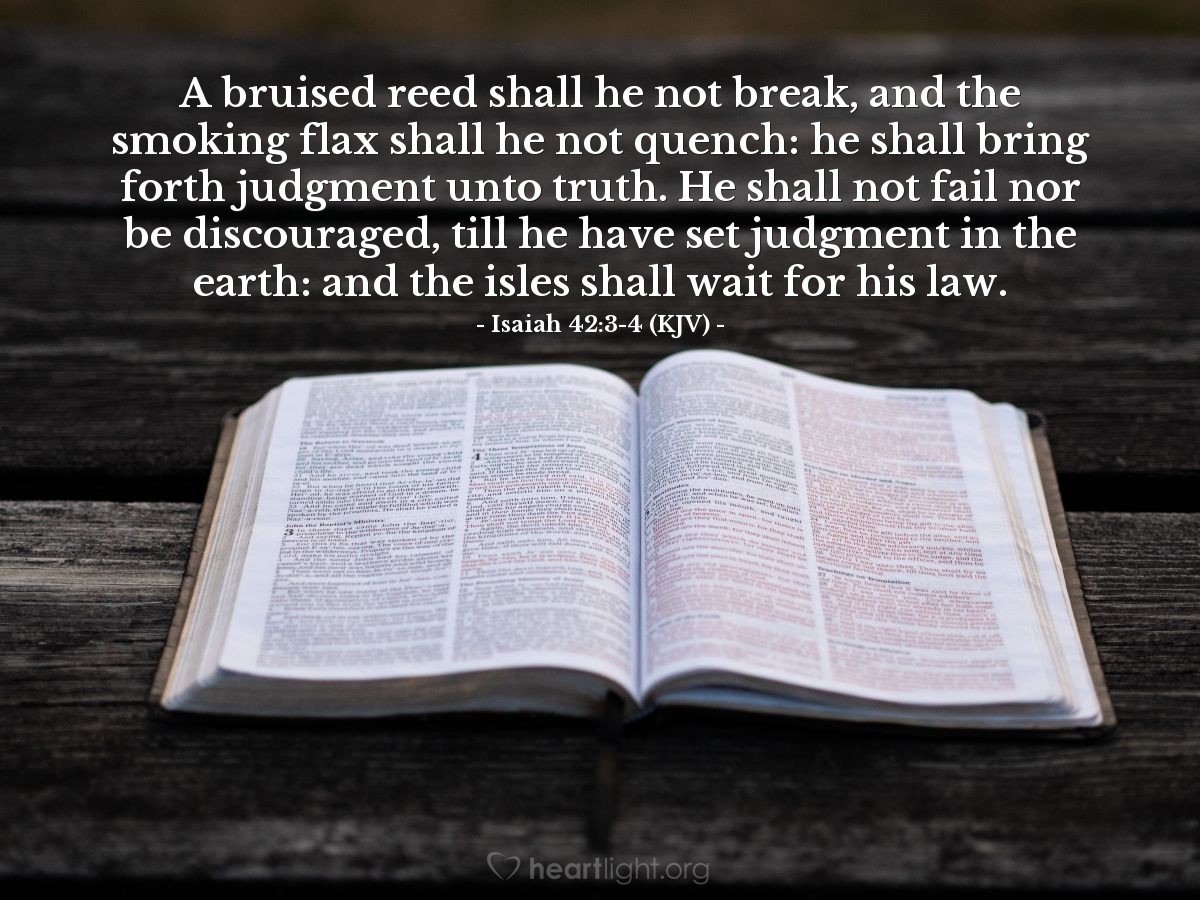 Illustration of Isaiah 42:3-4 (KJV) — A bruised reed shall he not break, and the smoking flax shall he not quench: he shall bring forth judgment unto truth. He shall not fail nor be discouraged, till he have set judgment in the earth: and the isles shall wait for his law.