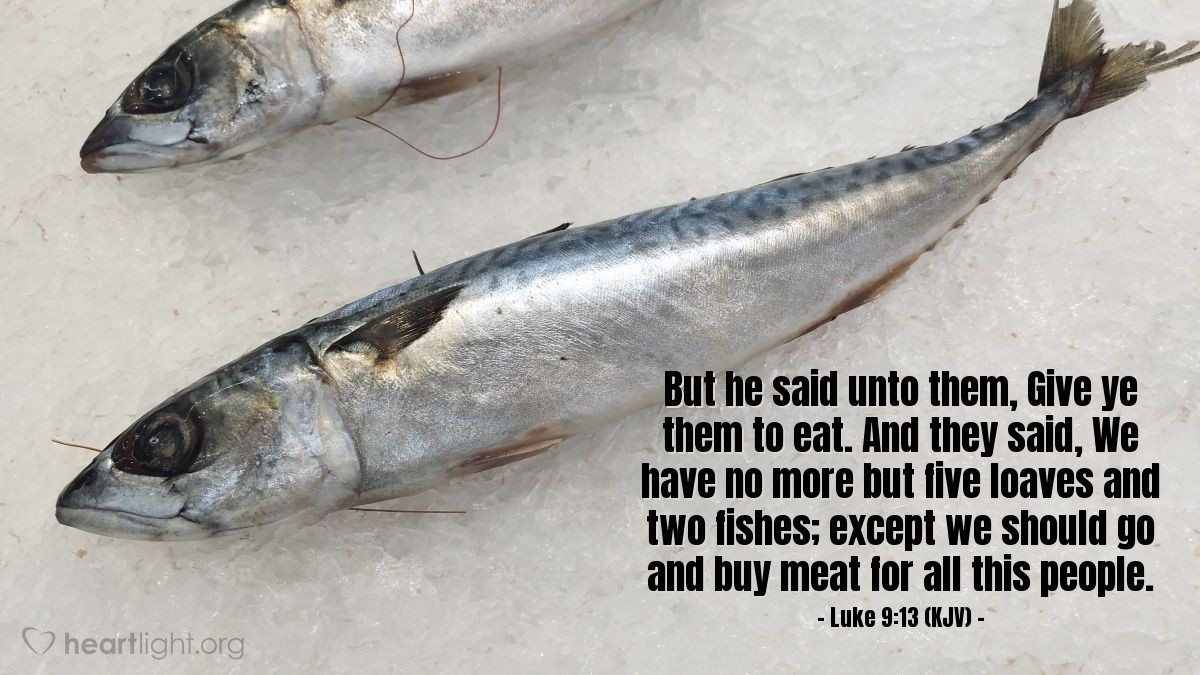 Illustration of Luke 9:13 (KJV) — But he said unto them, Give ye them to eat. And they said, We have no more but five loaves and two fishes; except we should go and buy meat for all this people.