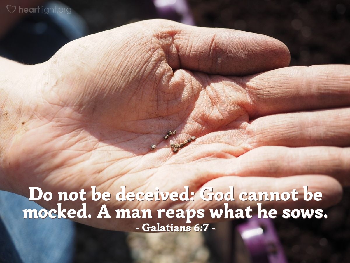Illustration of Galatians 6:7 — Do not be deceived: God cannot be mocked. A man reaps what he sows.