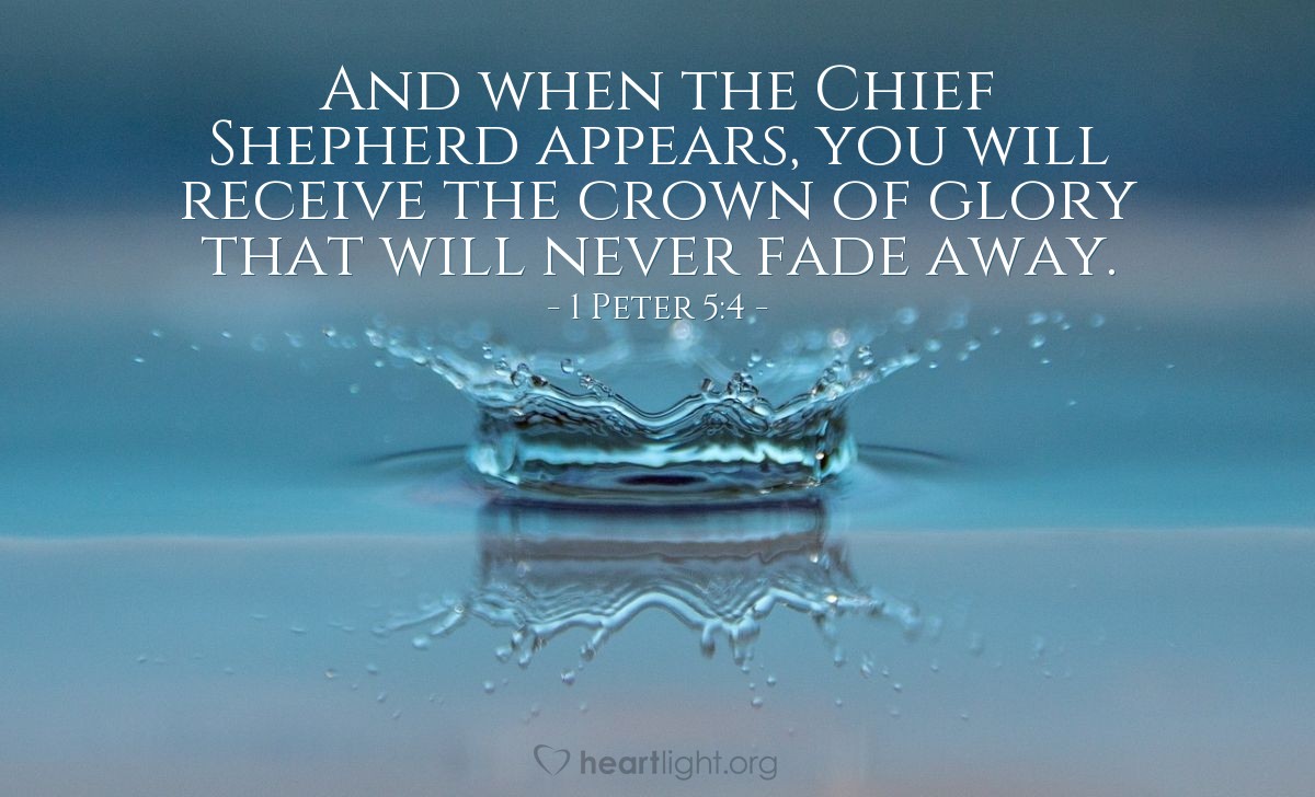 Illustration of 1 Peter 5:1-4 — To the elders among you, I appeal as a fellow elder and a witness of Christ’s sufferings who also will share in the glory to be revealed: Be shepherds of God’s flock that is under your care, watching over them — not because you must, but because you are willing, as God wants you to be; not pursuing dishonest gain, but eager to serve; not lording it over those entrusted to you, but being examples to the flock. And when the Chief Shepherd appears, you will receive the crown of glory that will never fade away.