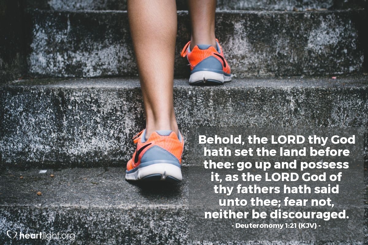 Illustration of Deuteronomy 1:21 (KJV) — Behold, the Lord thy God hath set the land before thee: go up and possess it, as the Lord God of thy fathers hath said unto thee; fear not, neither be discouraged.