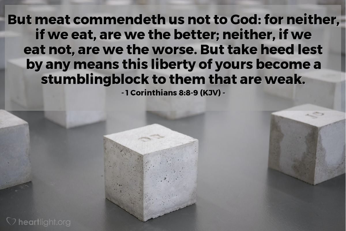 Illustration of 1 Corinthians 8:8-9 (KJV) — But meat commendeth us not to God: for neither, if we eat, are we the better; neither, if we eat not, are we the worse. But take heed lest by any means this liberty of yours become a stumblingblock to them that are weak.