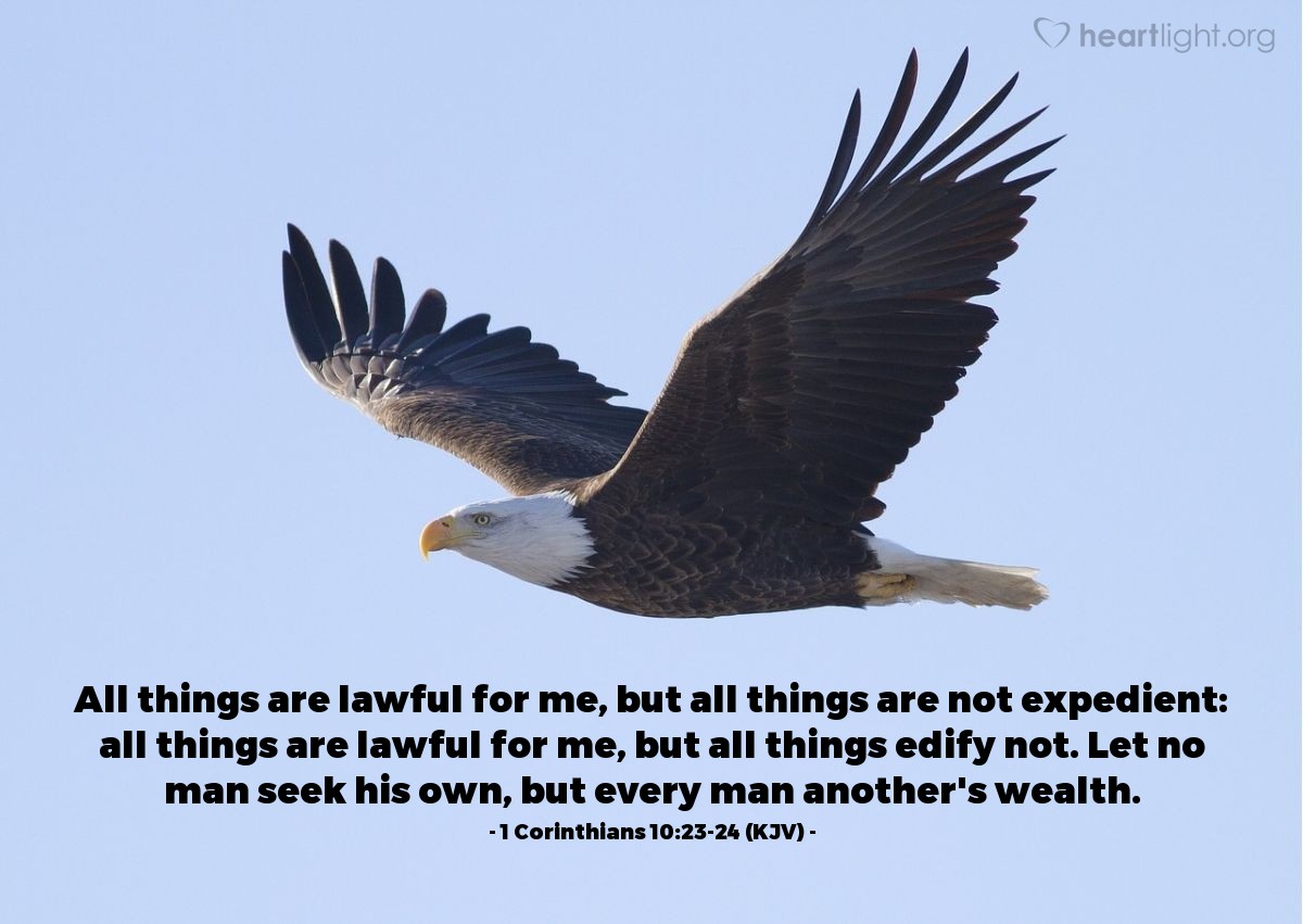 Illustration of 1 Corinthians 10:23-24 (KJV) — All things are lawful for me, but all things are not expedient: all things are lawful for me, but all things edify not. Let no man seek his own, but every man another's wealth.