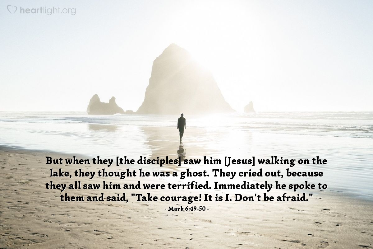 Illustration of Mark 6:49-50 — But when [Jesus' closest disciples] saw him walking on the lake, they thought he was a ghost. They cried out, because they all saw him and were terrified. Immediately he spoke to them and said, "Take courage! It is I. Don't be afraid."