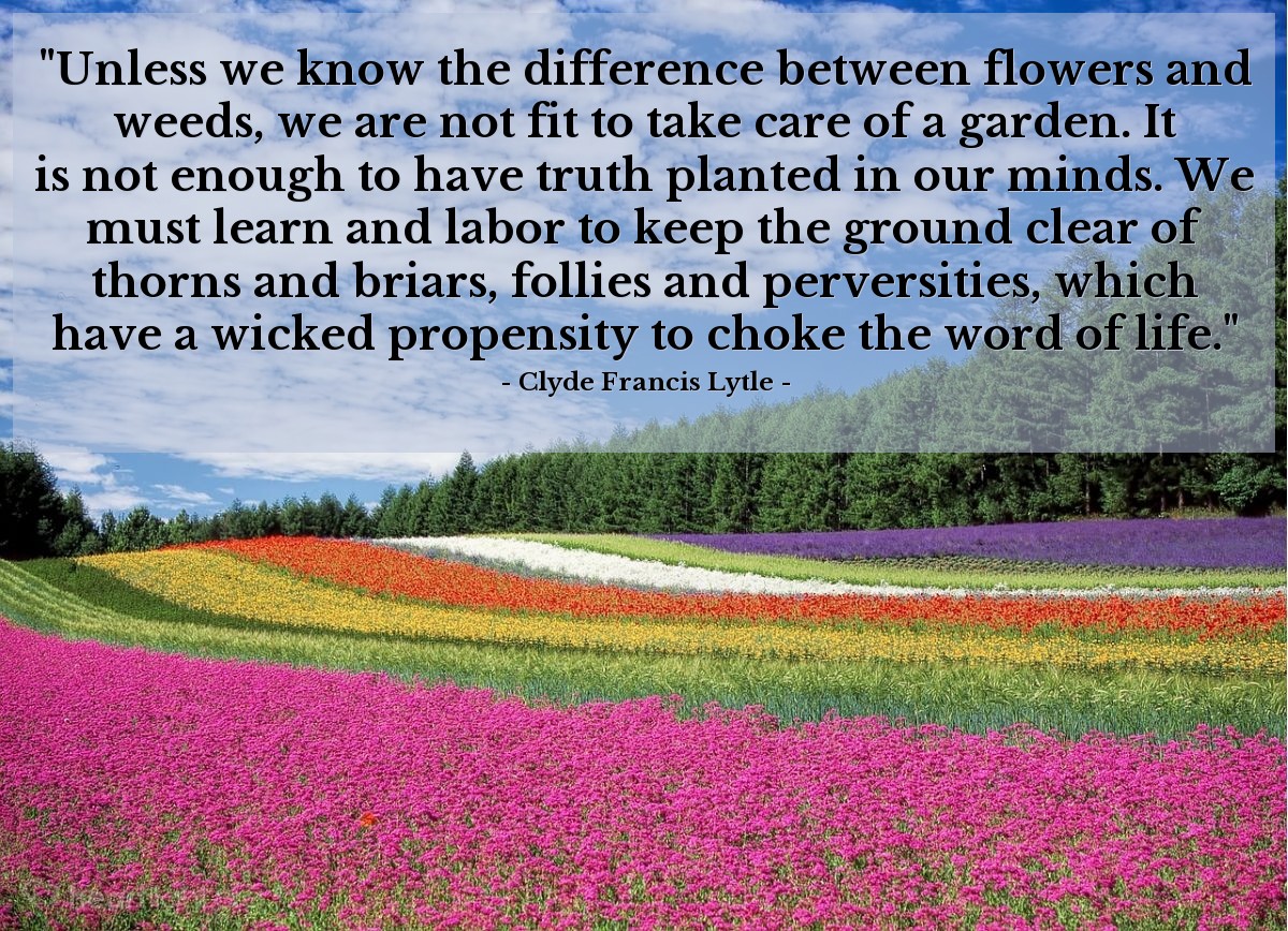 Illustration of Clyde Francis Lytle — "Unless we know the difference between flowers and weeds, we are not fit to take care of a garden. It is not enough to have truth planted in our minds. We must learn and labor to keep the ground clear of thorns and briars, follies and perversities, which have a wicked propensity to choke the word of life."