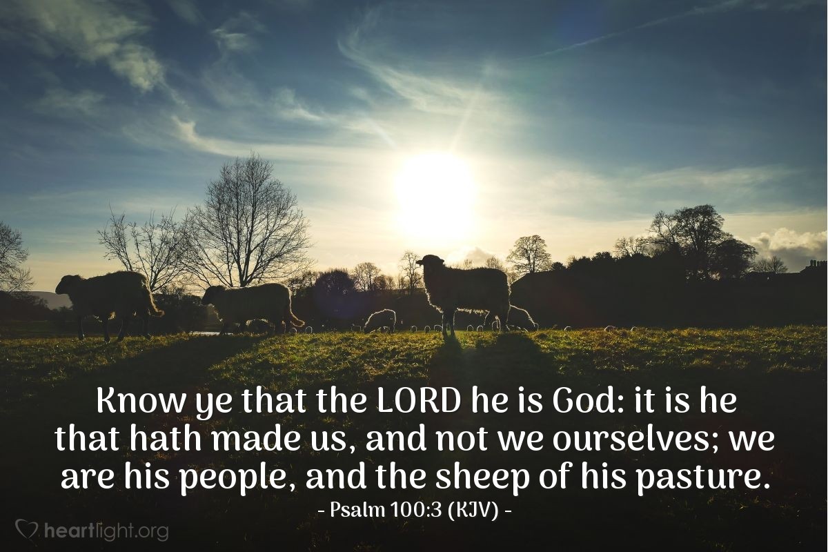 Illustration of Psalm 100:3 (KJV) — Know ye that the Lord he is God: it is he that hath made us, and not we ourselves; we are his people, and the sheep of his pasture.
