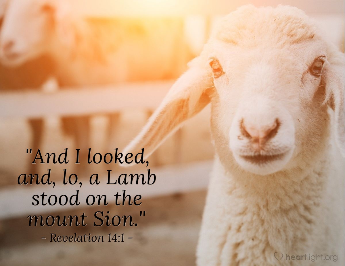 Illustration of Revelation 14:1 — "And I looked, and, lo, a Lamb stood on the mount Sion."