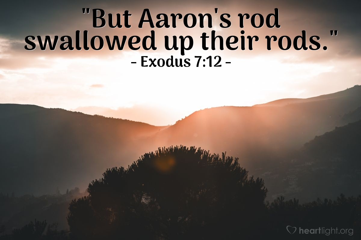 Illustration of Exodus 7:12 — "But Aaron's rod swallowed up their rods."