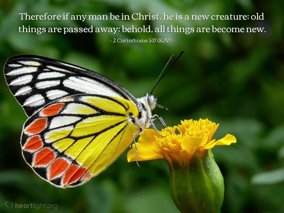 Illustration of 2 Corinthians 5:17 (KJV) — Therefore if any man be in Christ, he is a new creature: old things are passed away; behold, all things are become new.