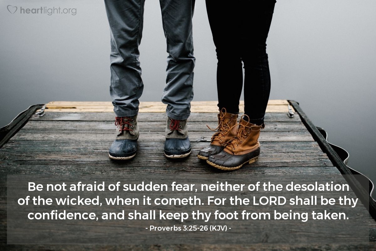 Illustration of Proverbs 3:25-26 (KJV) — Be not afraid of sudden fear, neither of the desolation of the wicked, when it cometh. For the Lord shall be thy confidence, and shall keep thy foot from being taken.