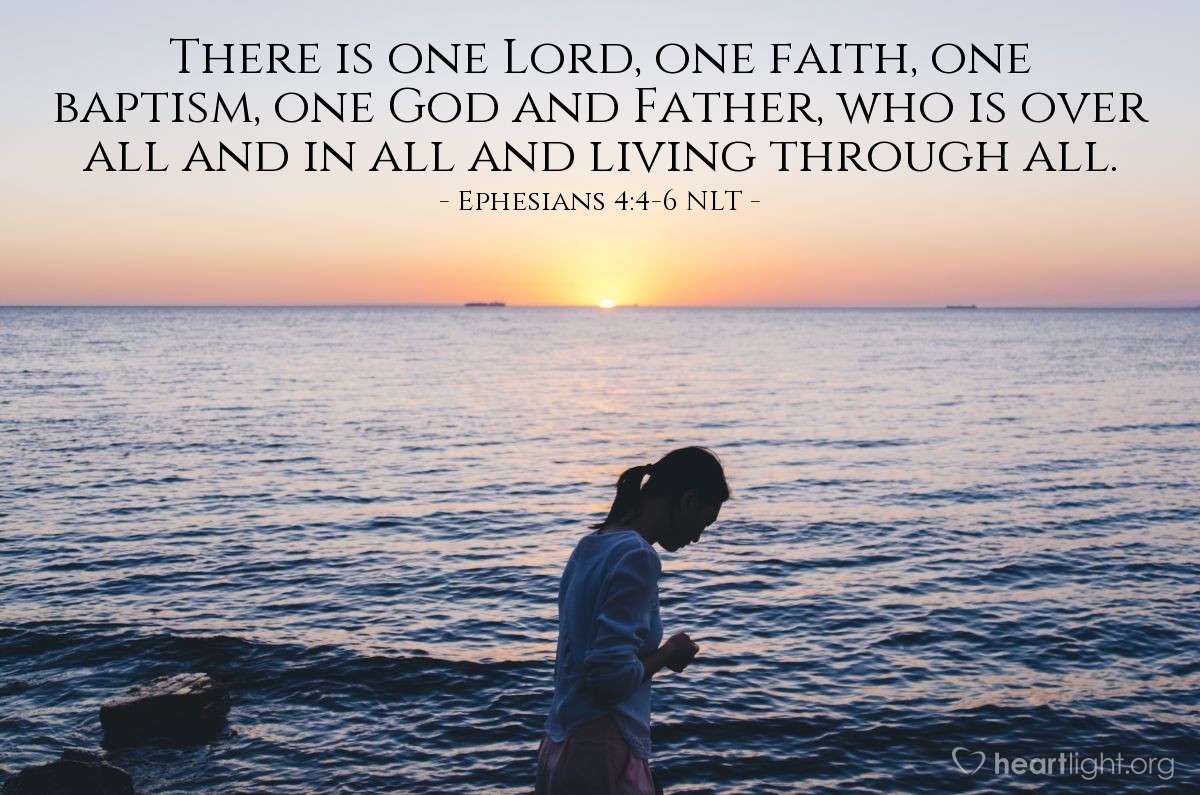 Illustration of Ephesians 4:4-6 NLT —  There is one Lord, one faith, one baptism, one God and Father, who is over all and in all and living through all.