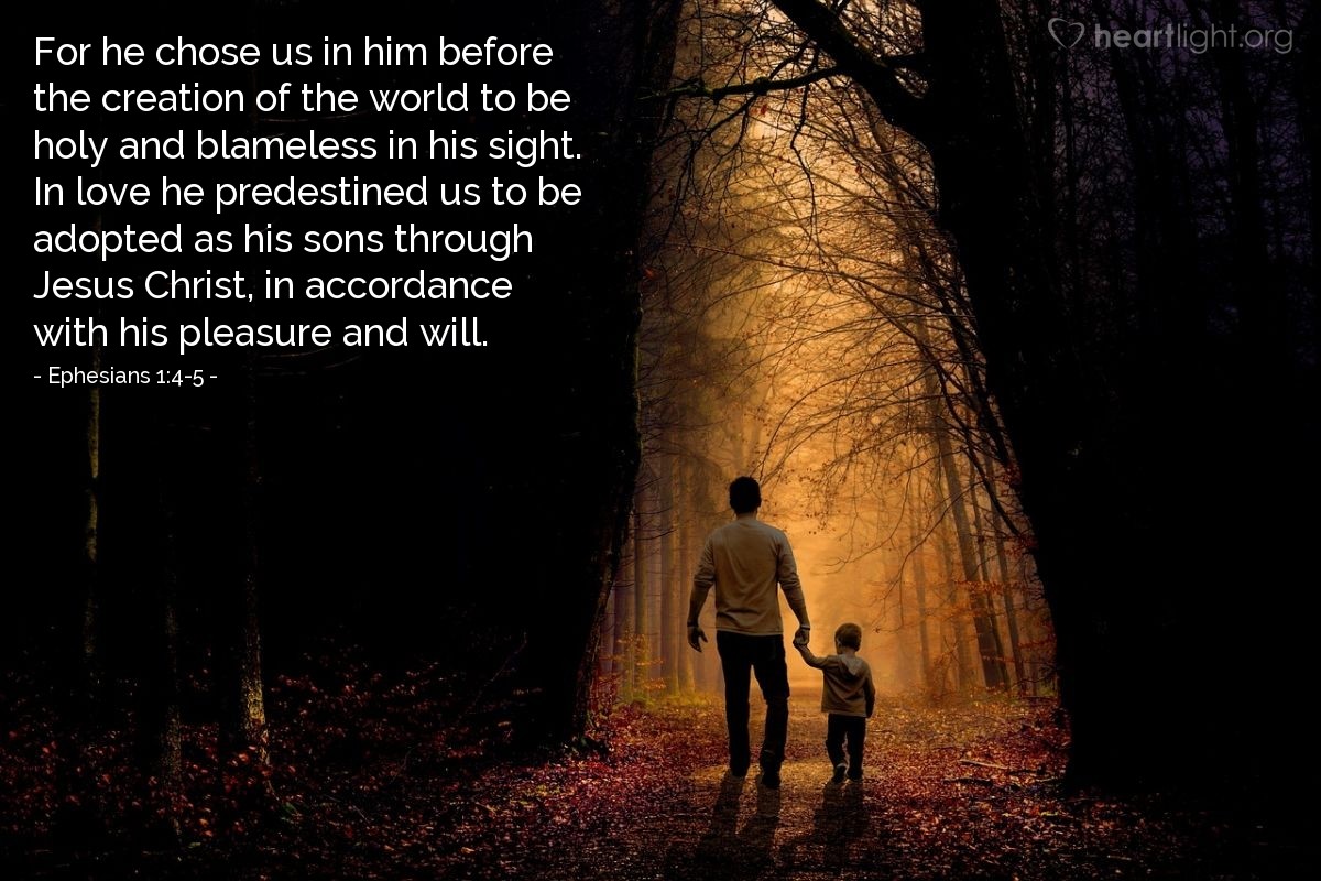 Illustration of Ephesians 1:4-5 — For he chose us in him before the creation of the world to be holy and blameless in his sight. In love he predestined us to be adopted as his sons through Jesus Christ, in accordance with his pleasure and will.