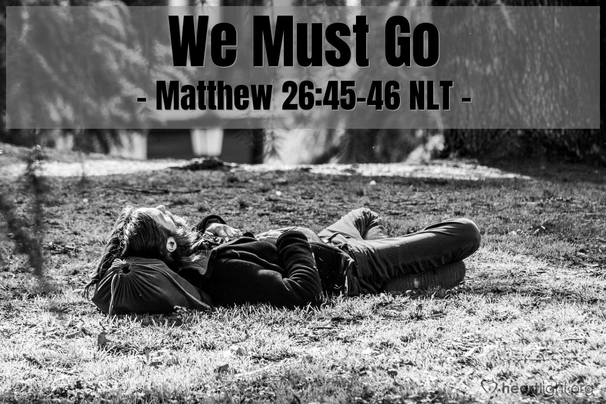 Illustration of Matthew 26:45-46 NLT — "Go ahead and sleep. Have your rest. But look — the time has come. The Son of Man is betrayed into the hands of sinners. Up, let's be going. Look, my betrayer is here!"