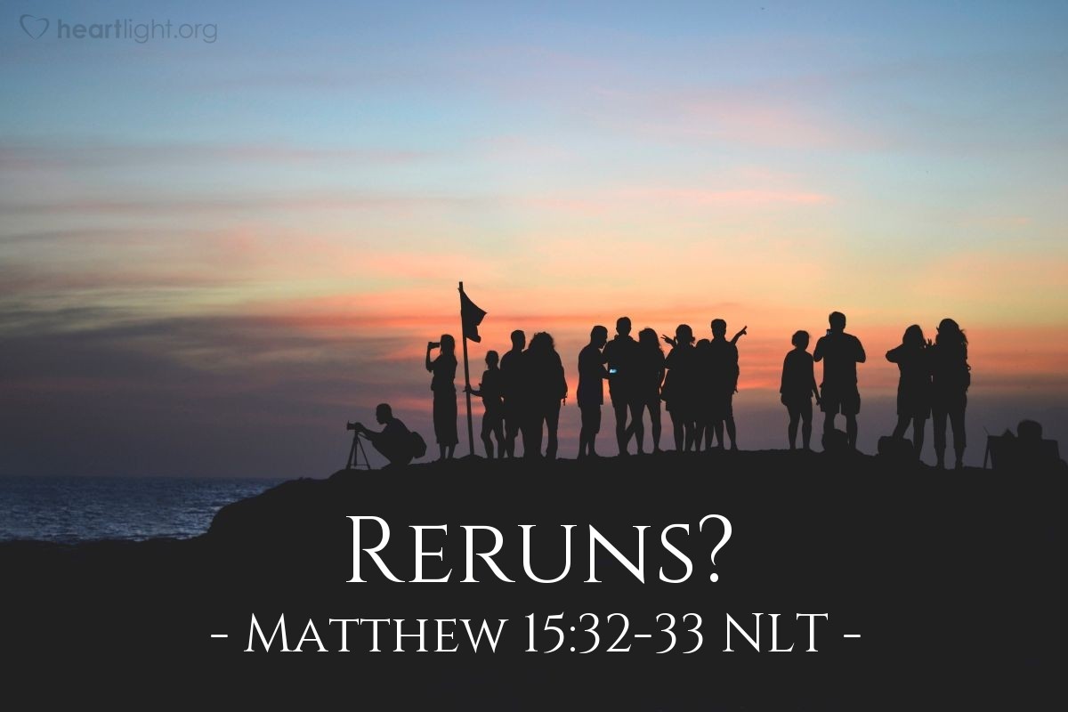 Illustration of Matthew 15:32-33 NLT — "I feel sorry for these people. They have been here with me for three days, and they have nothing left to eat. I don't want to send them away hungry, or they will faint along the way."