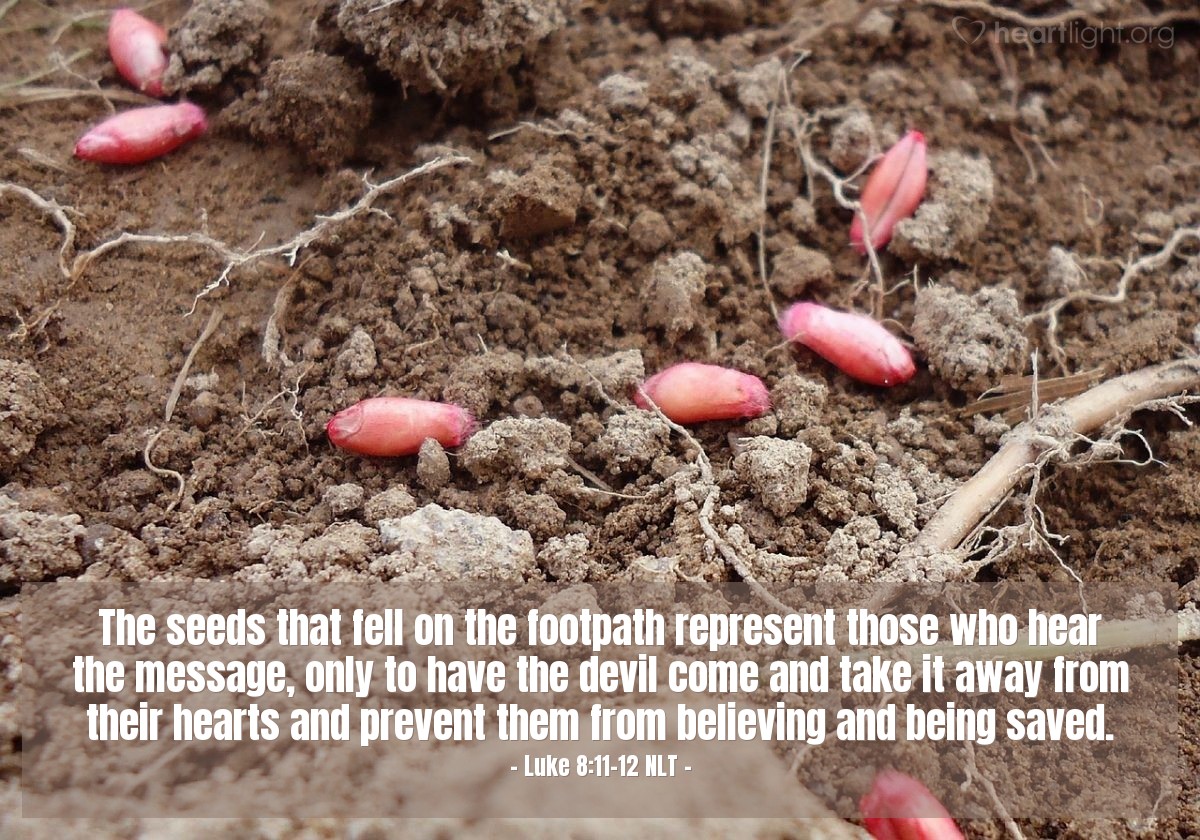 Illustration of Luke 8:11-12 NLT —  The seeds that fell on the footpath represent those who hear the message, only to have the devil come and take it away from their hearts and prevent them from believing and being saved.