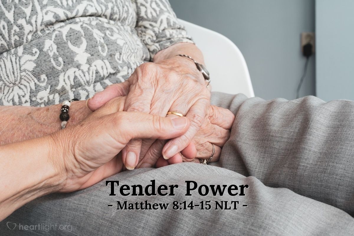 Illustration of Matthew 8:14-15 NLT — When Jesus arrived at Peter's house, Peter's mother-in-law was sick in bed with a high fever. But when Jesus touched her hand, the fever left her. Then she got up and prepared a meal for him.