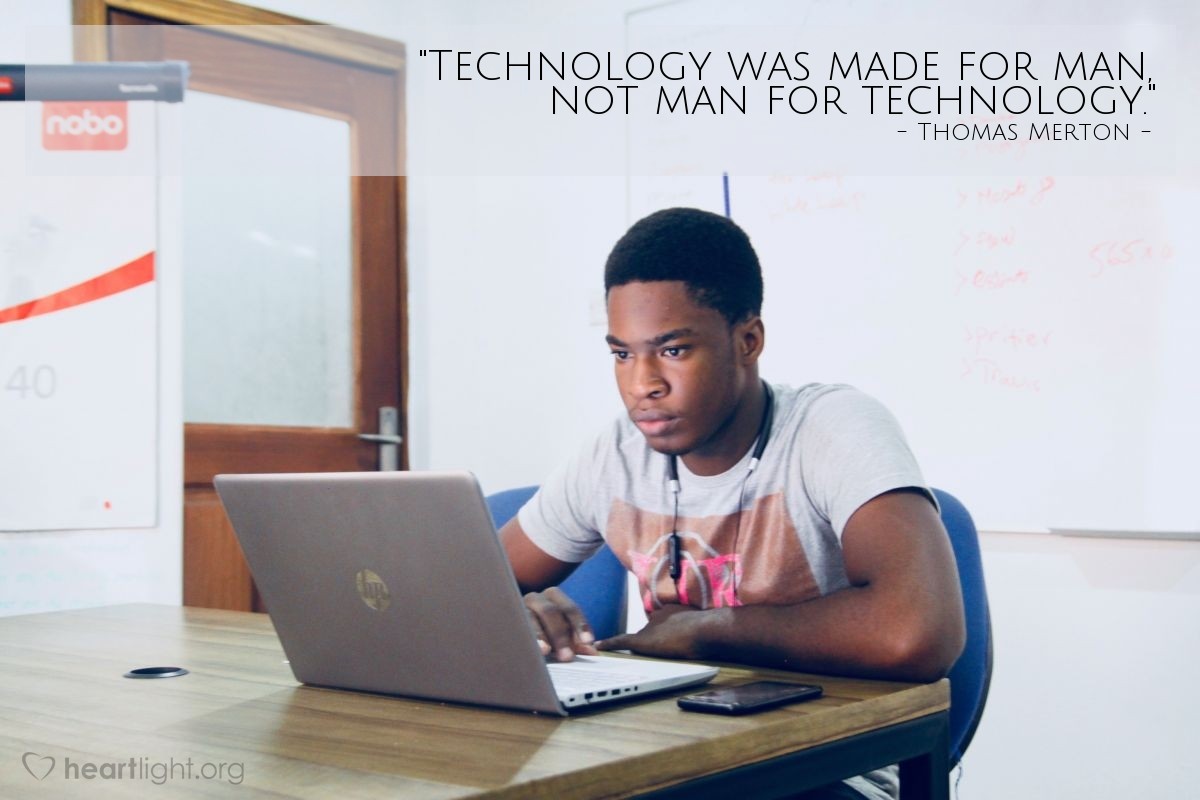 Illustration of Thomas Merton — "Technology was made for man, not man for technology."