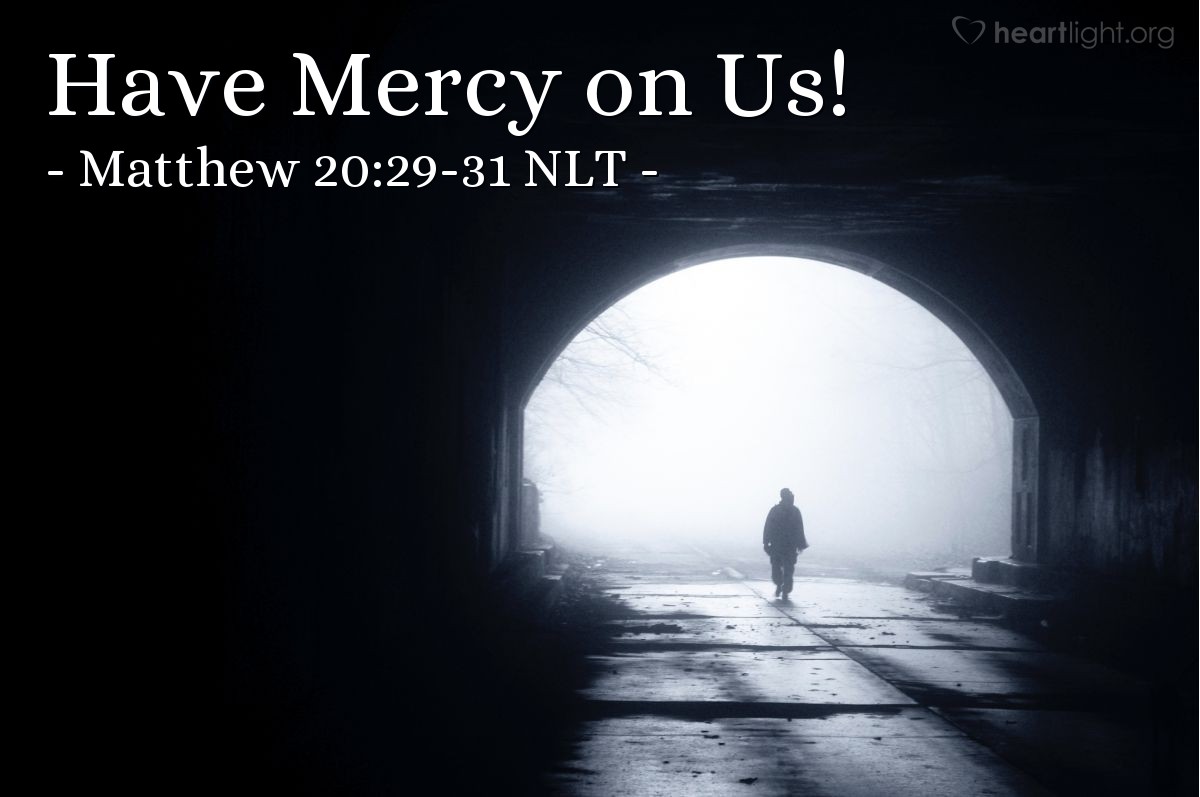 Illustration of Matthew 20:29-31 NLT — "Lord, Son of David, have mercy on us!"