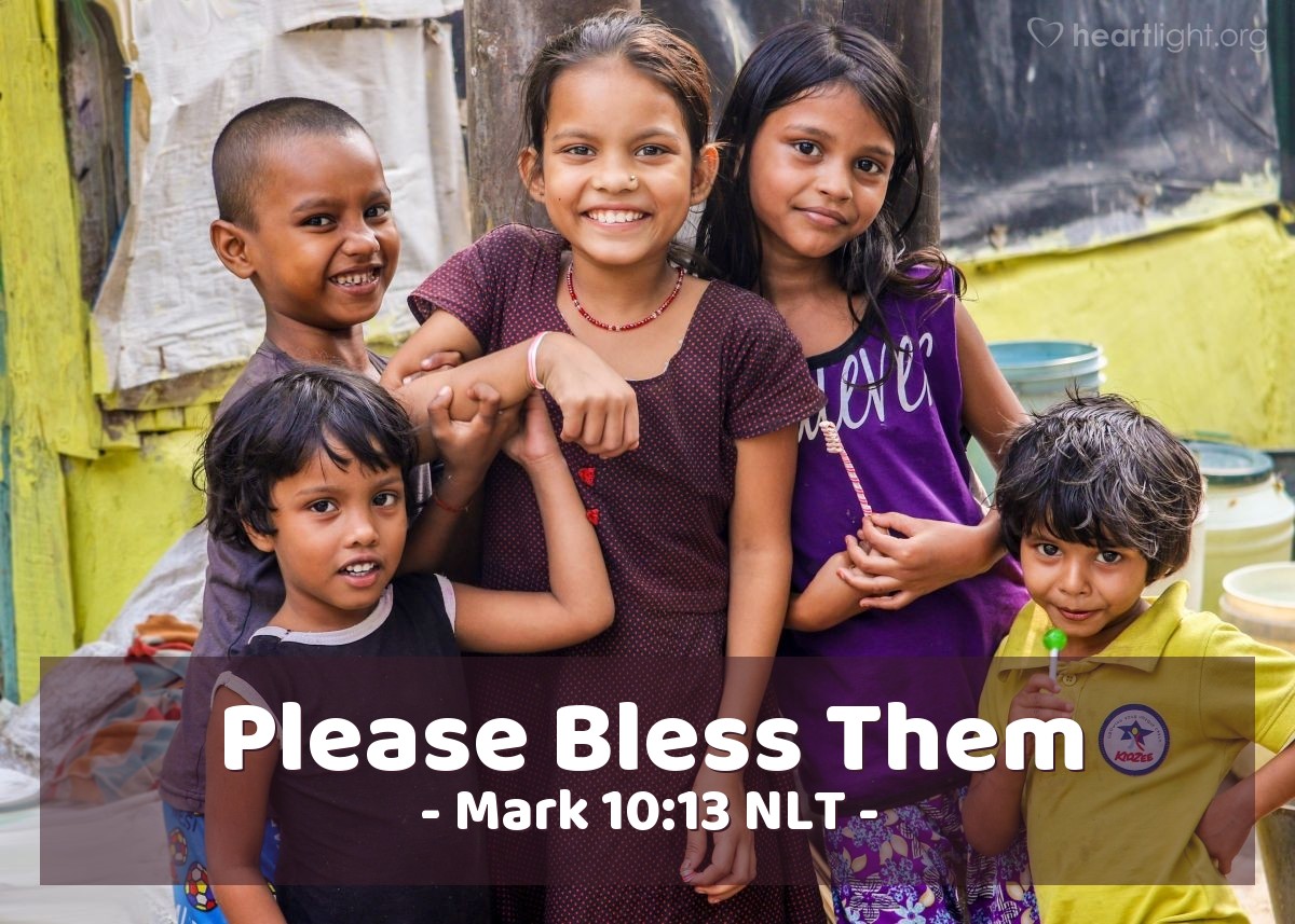 Illustration of Mark 10:13 NLT — One day some parents brought their children to Jesus so he could touch and bless them. But the disciples scolded the parents for bothering him.