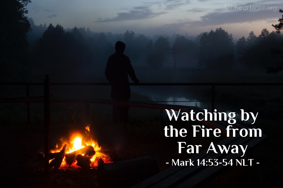 Illustration of Mark 14:53-54 NLT —  There he sat with the guards, warming himself by the fire.