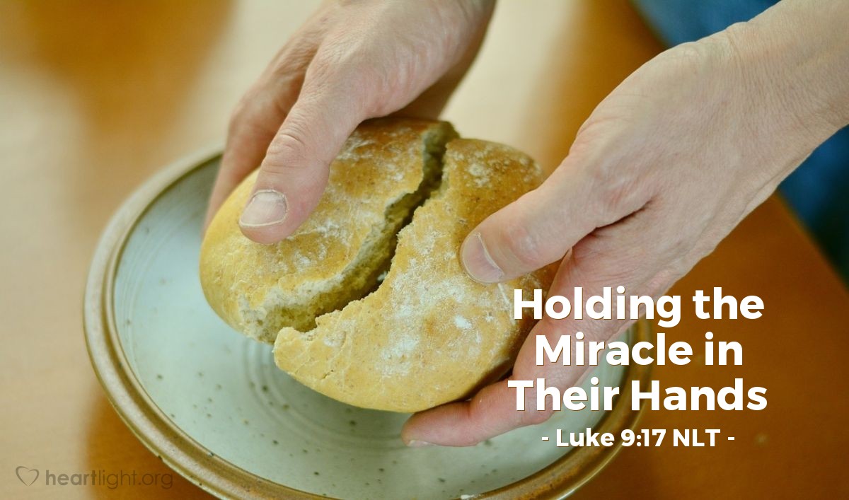 Illustration of Luke 9:17 NLT — [After Jesus blessed the bread and the fish and the disciples distributed them to the people, they] all ate as much as they wanted, and afterward, the disciples picked up twelve baskets of leftovers!