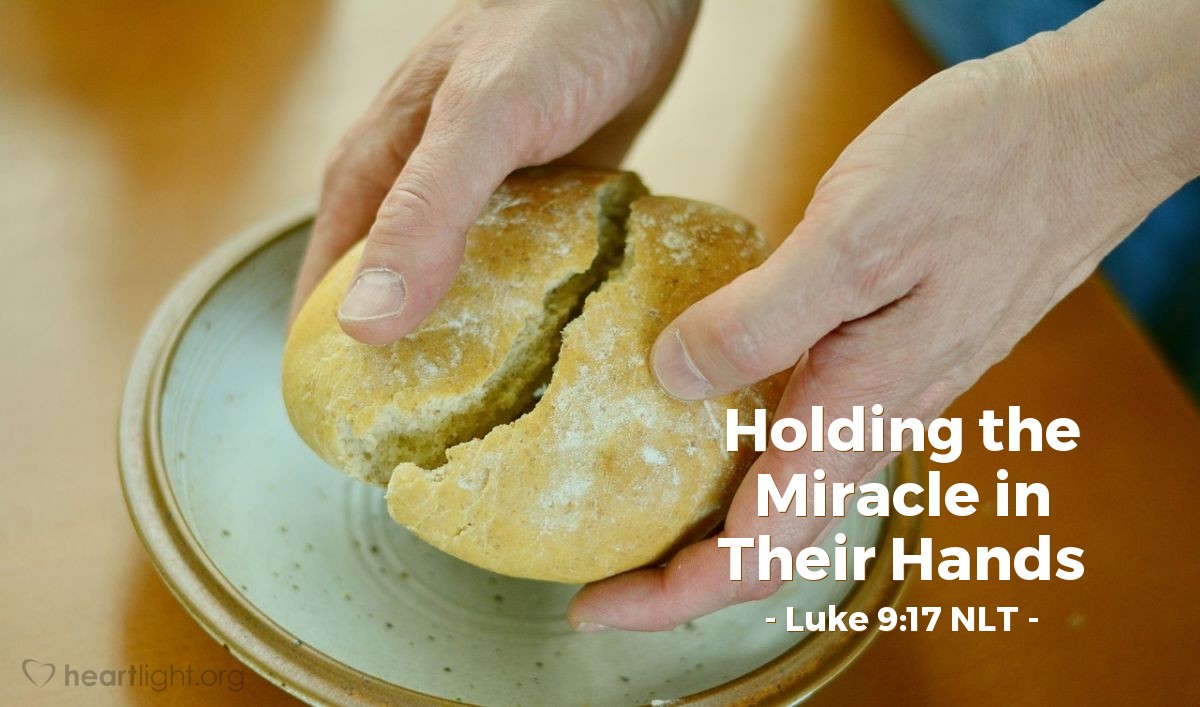 Illustration of Luke 9:17 NLT — Holding the Miracle in Their Hands