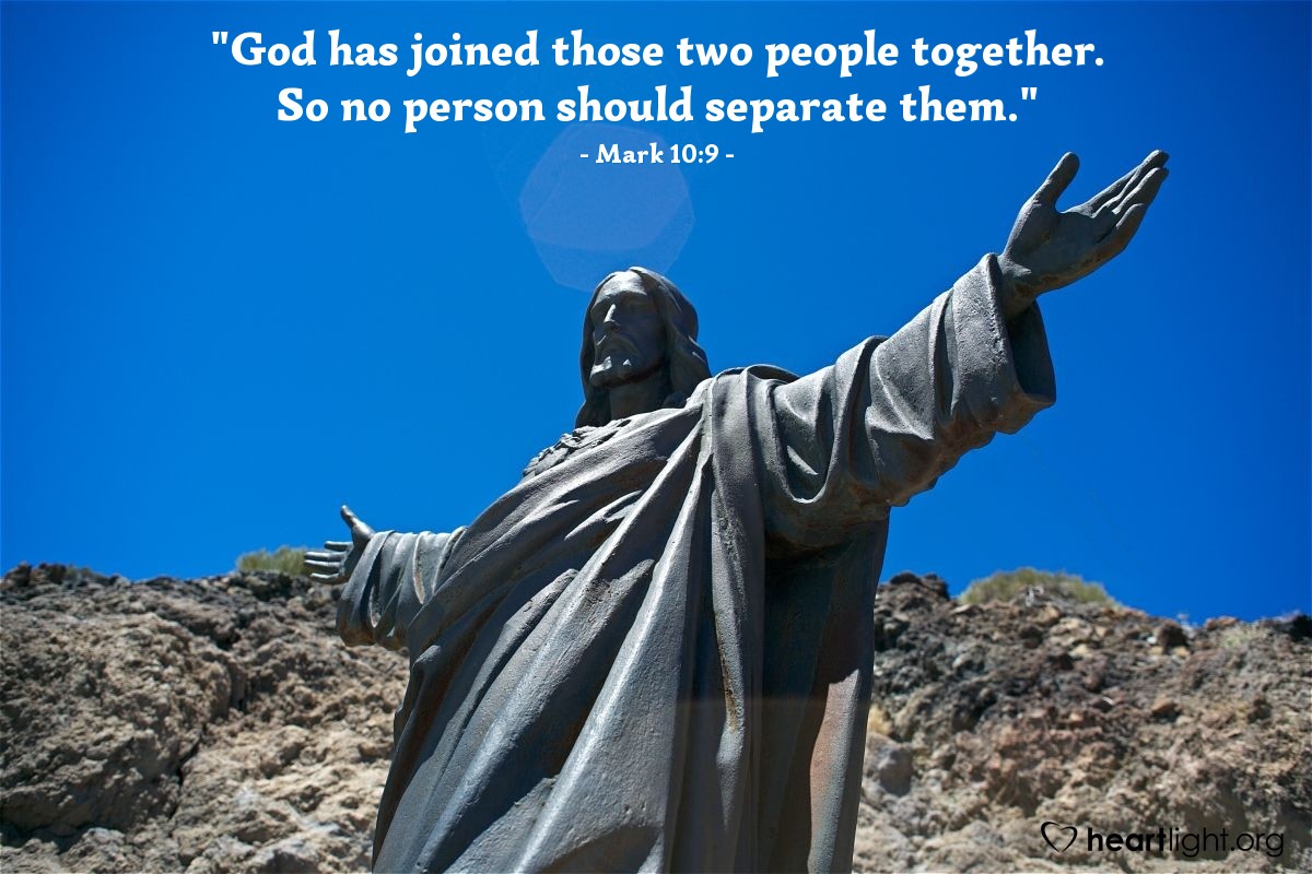 Illustration of Mark 10:7-9 NLT — ' Since they are no longer two but one, let no one split apart what God has joined together.