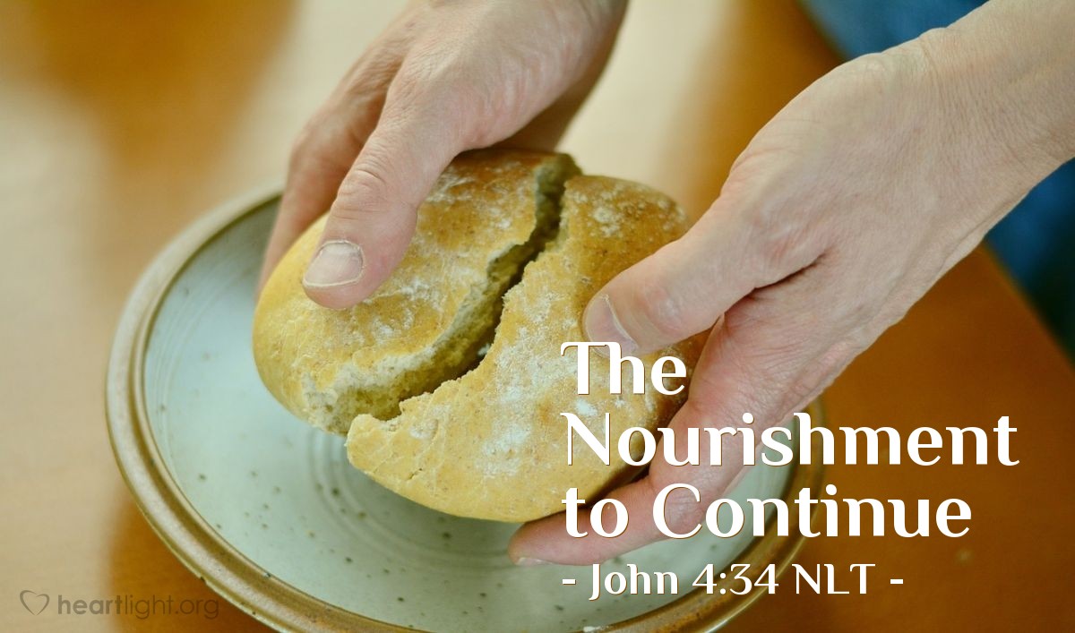 Illustration of John 4:34 NLT — Then Jesus explained: "My nourishment comes from doing the will of God, who sent me, and from finishing his work."