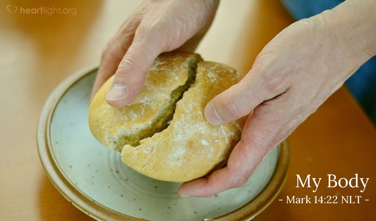 Illustration of Mark 14:22 NLT — As [Jesus and the Twelve] were eating, Jesus took some bread and blessed it. Then he broke it in pieces and gave it to the disciples, saying, "Take it, for this is my body."