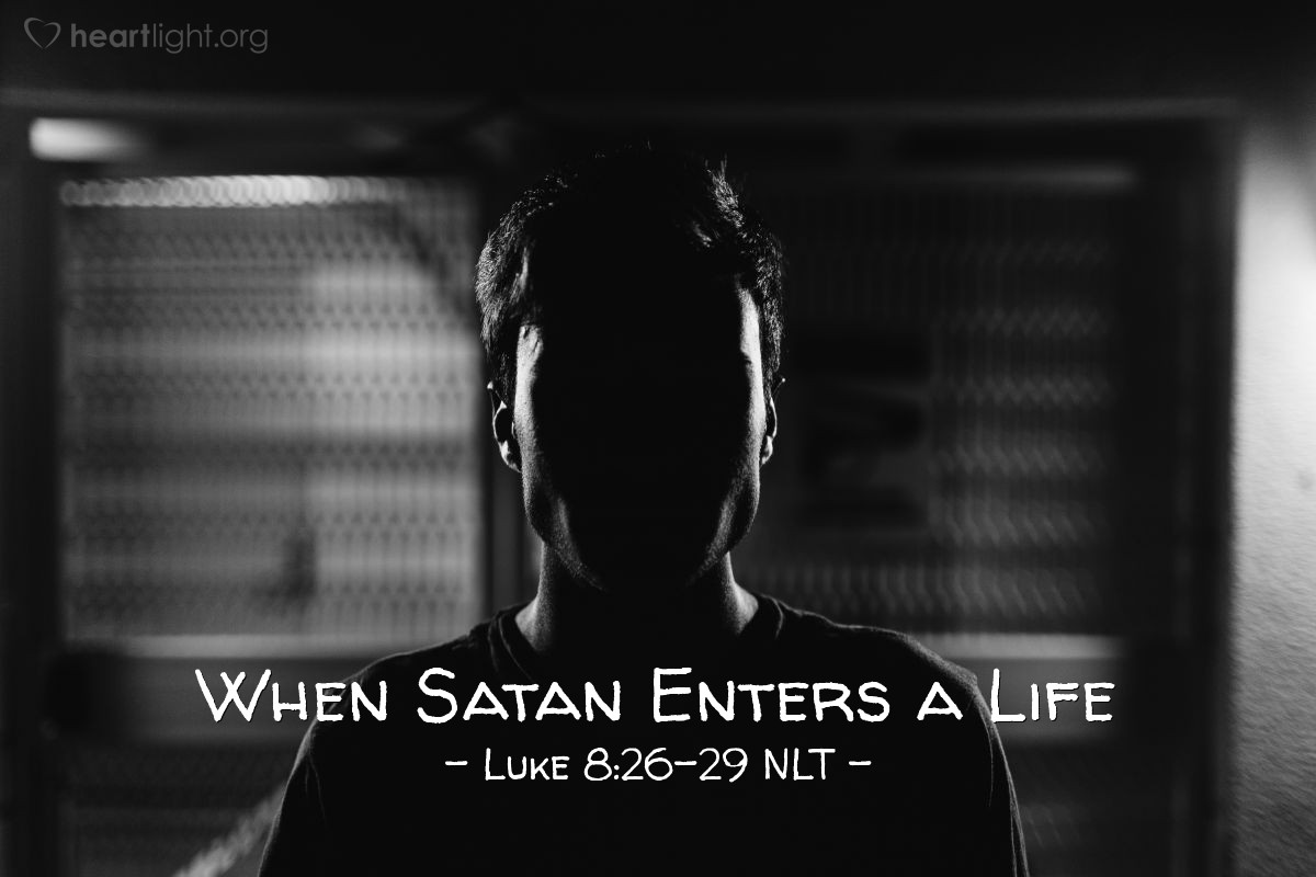 Illustration of Luke 8:26-29 NLT — "Why are you interfering with me, Jesus, Son of the Most High God? Please, I beg you, don't torture me!"