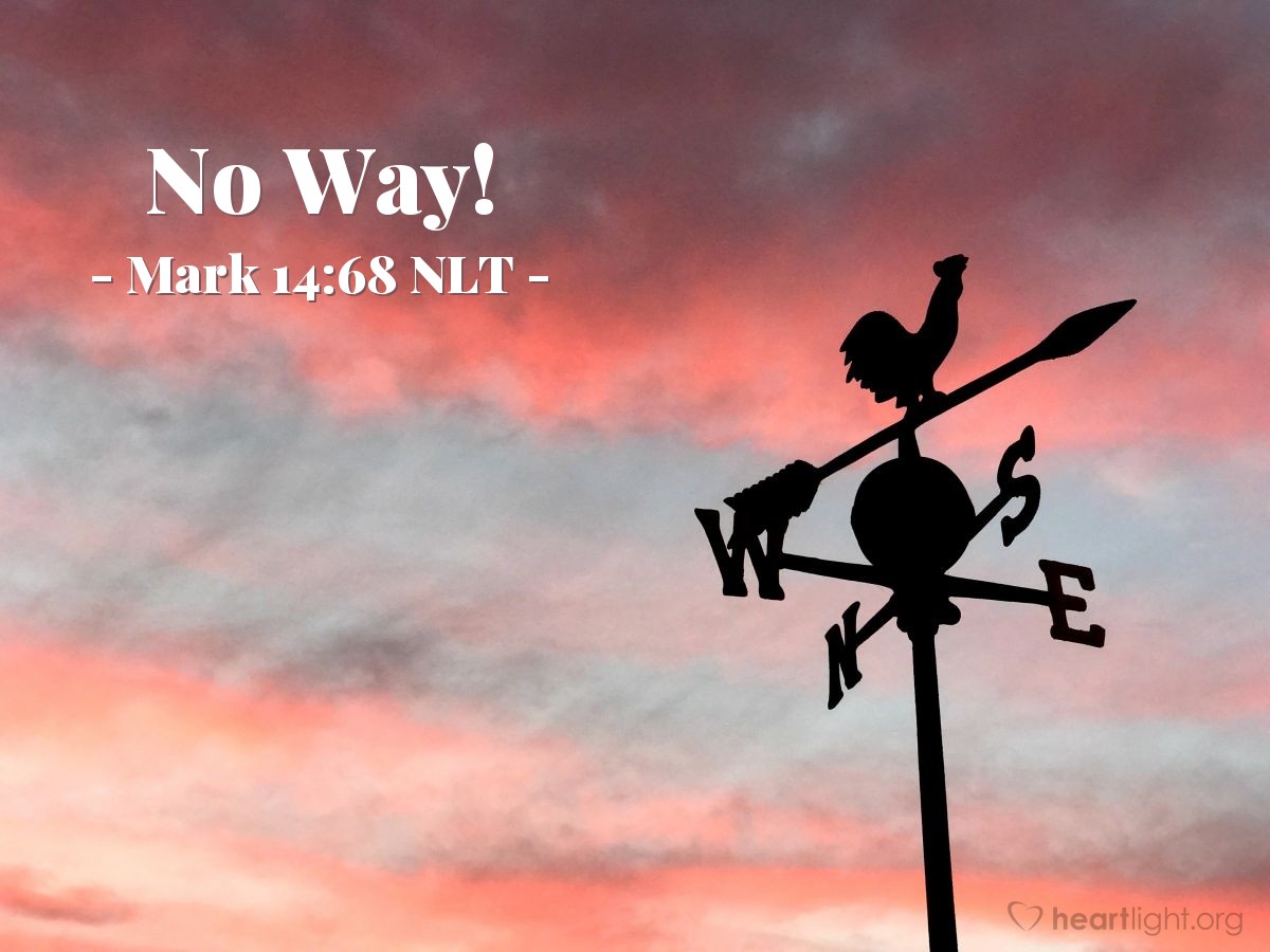 Illustration of Mark 14:68 NLT — But Peter denied [having been with Jesus]. "I don't know what you're talking about," he said, and he went out into the entryway. Just then, a rooster crowed.