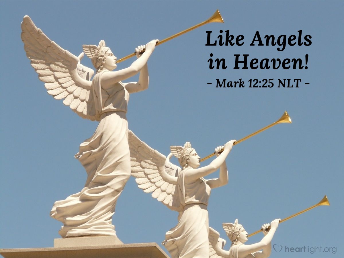Illustration of Mark 12:25 NLT — "For when the dead rise, they will neither marry nor be given in marriage. In this respect they will be like the angels in heaven."