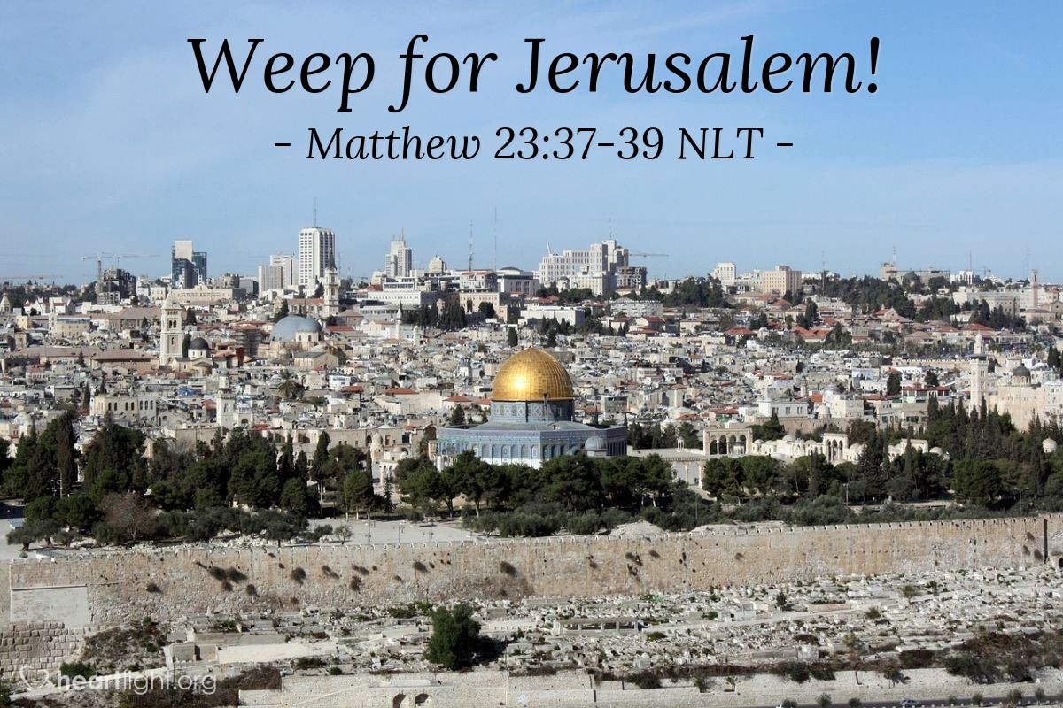 Illustration of Matthew 23:37-39 NLT — "O Jerusalem, Jerusalem, the city that kills the prophets and stones God's messengers!"