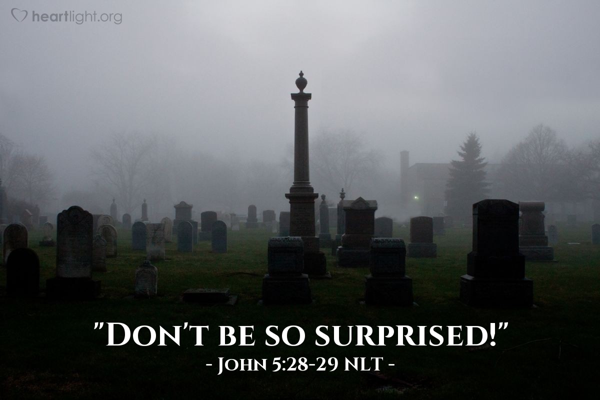 Illustration of John 5:28-29 NLT — "Don't be so surprised!"