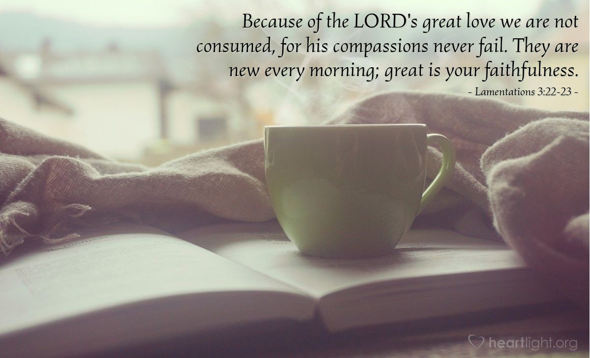 Lamentations 3:22-23 | Because of the LORD's great love we are not consumed, for his compassions never fail. They are new every morning; great is your faithfulness.