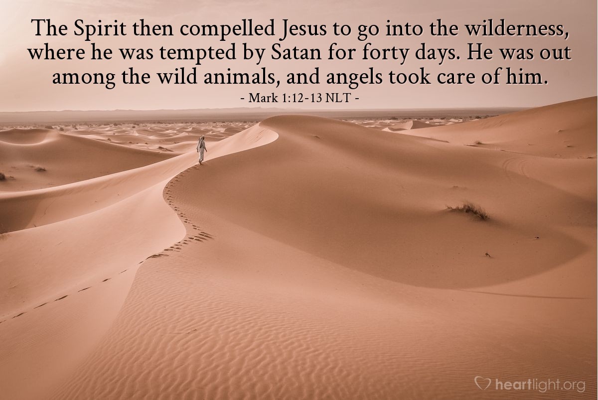 Illustration of Mark 1:12-13 NLT — The Spirit then compelled Jesus to go into the wilderness, where he was tempted by Satan for forty days. He was out among the wild animals, and angels took care of him.