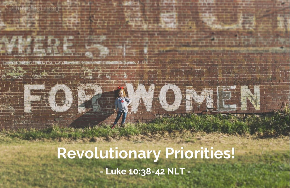 Illustration of Luke 10:38-42 NLT — "Lord, doesn't it seem unfair to you that my sister just sits here while I do all the work? Tell her to come and help me."