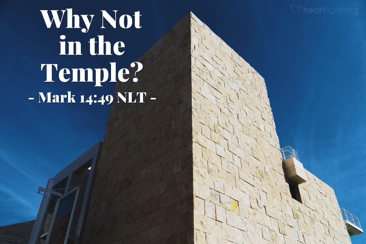 Illustration of Mark 14:49 NLT — "Why didn't you arrest me in the Temple? I was there among you teaching every day. But these things are happening to fulfill what the Scriptures say about me."