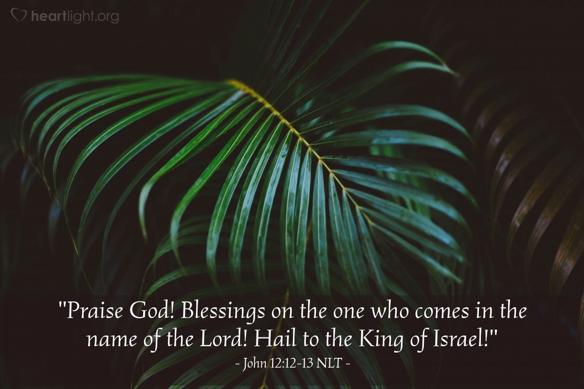 Illustration of John 12:12-13 NLT — "Praise God!
Blessings on the one who comes in the name of the Lord!
Hail to the King of Israel!"