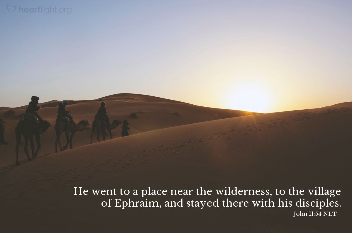 Illustration of John 11:54 NLT —  He went to a place near the wilderness, to the village of Ephraim, and stayed there with his disciples.